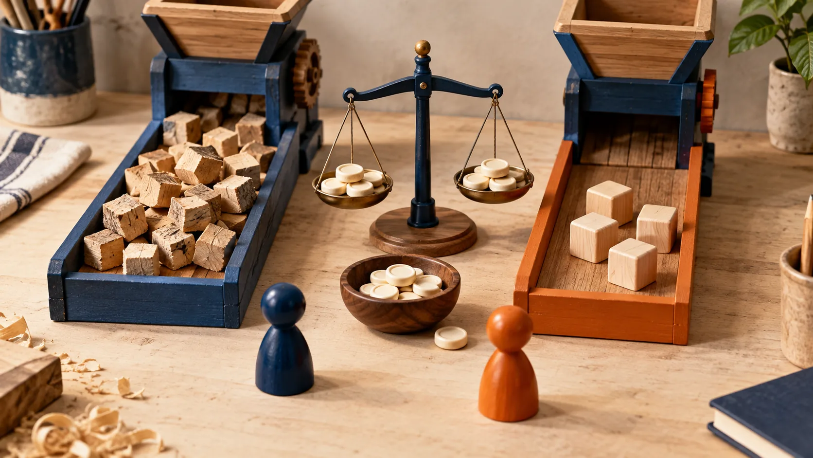 A workshop produces many rough cubes on one side and a few smooth cubes on the other, beside a balance and reward counters.