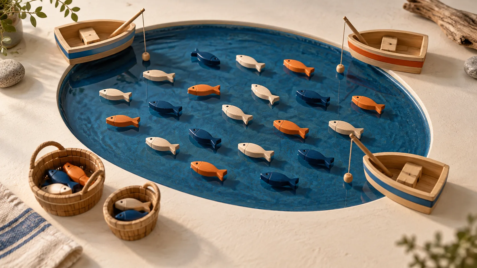 Small wooden fish fill a blue ceramic lake surrounded by fishing boats and baskets.