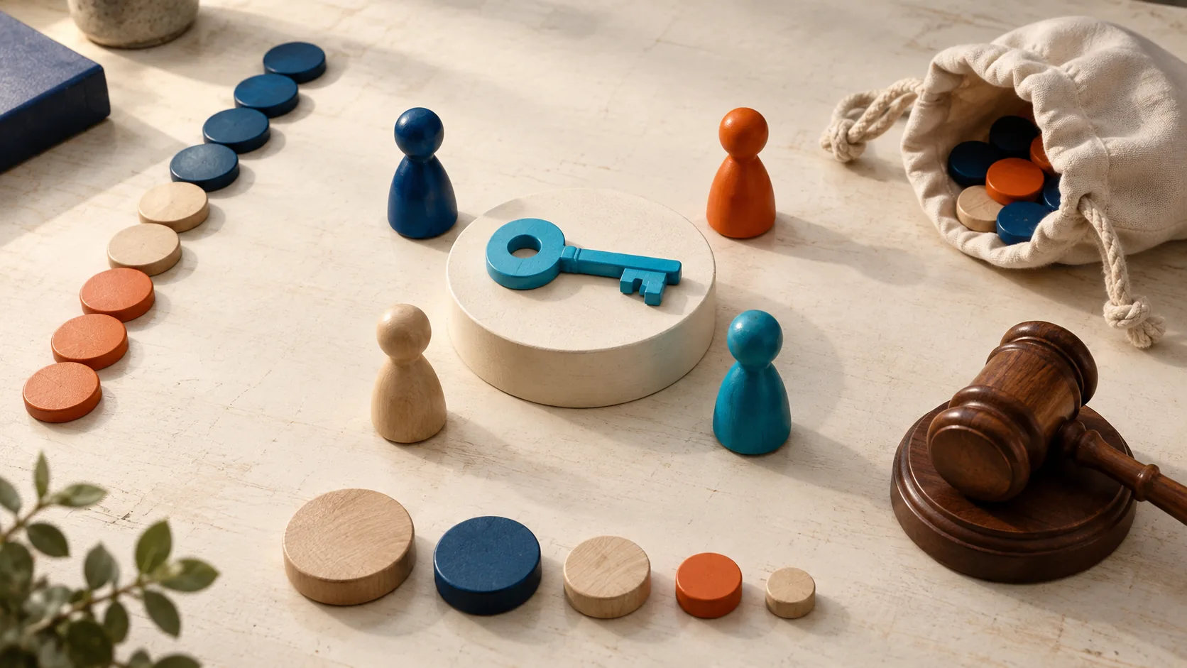 Four playing pieces surround one blue key, with a queue of counters, a lottery bag, and an auction gavel nearby.
