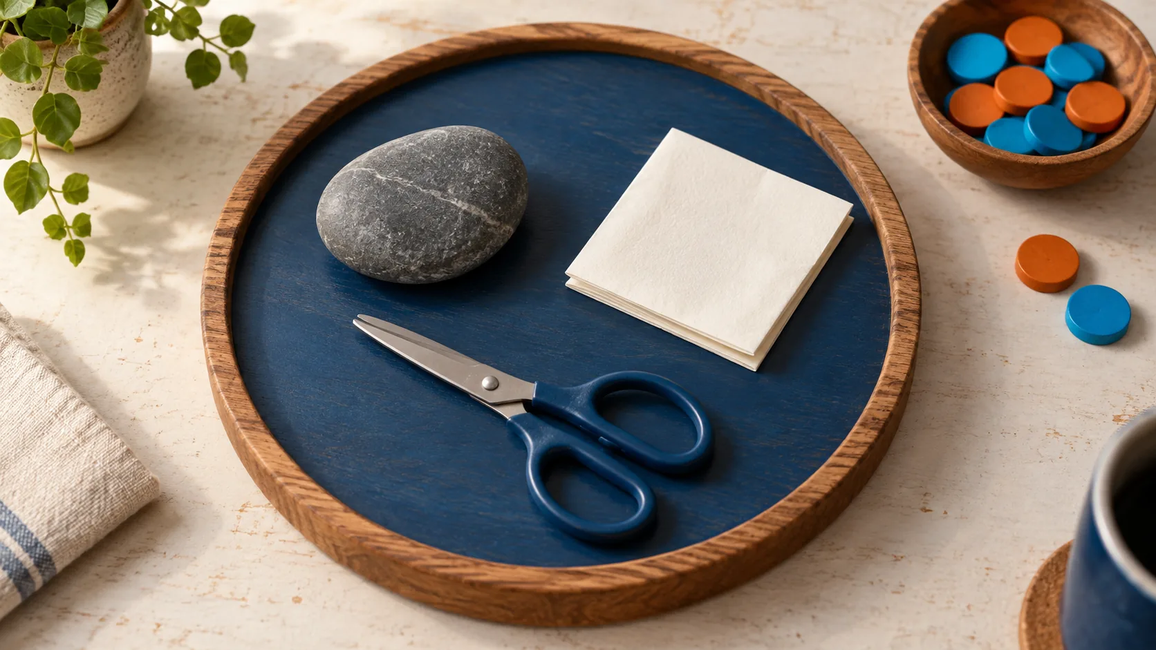A rock, a sheet of paper, and scissors sit on a blue tray beside colored counters.