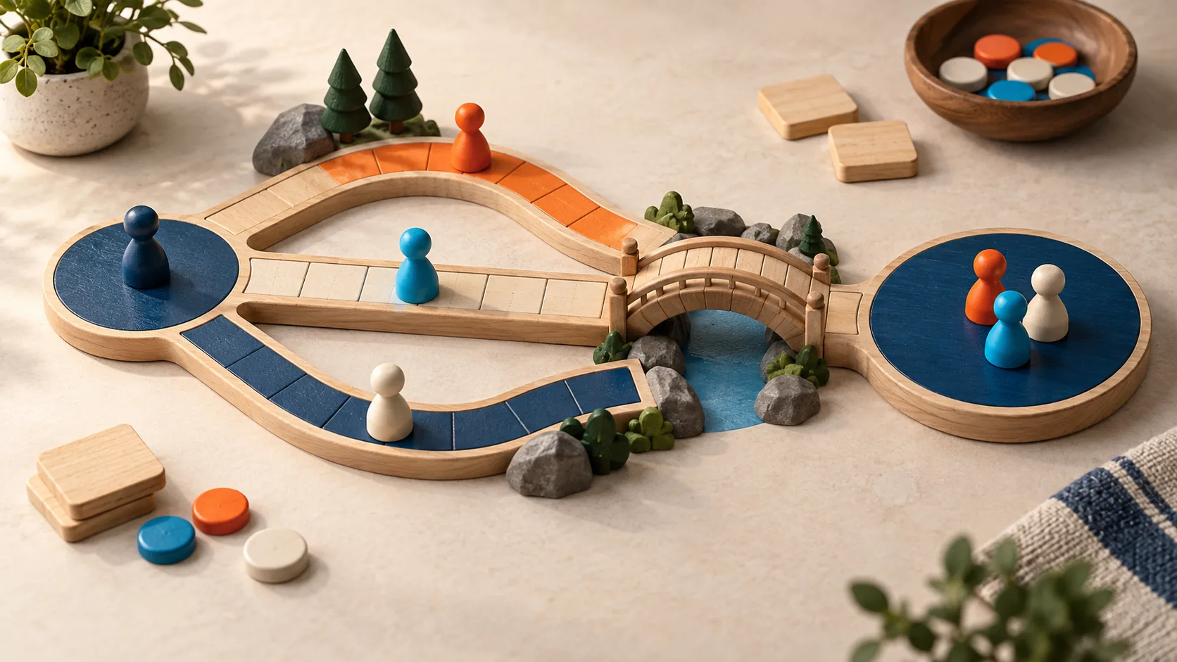 A wooden game board with branching paths, a bridge, and colorful playing pieces.