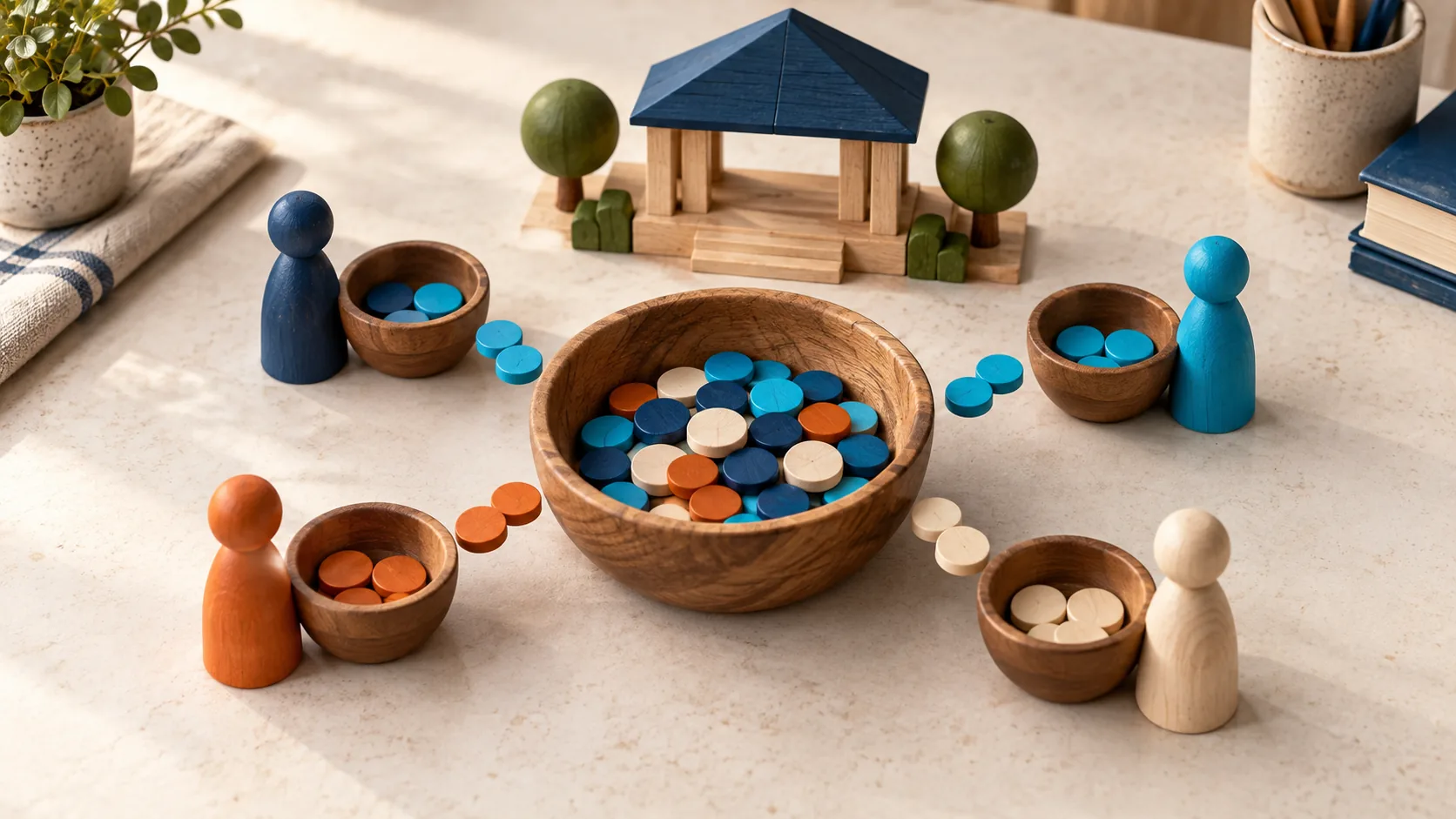 Four playing pieces and their small bowls surround a shared pool of counters beside a wooden pavilion.