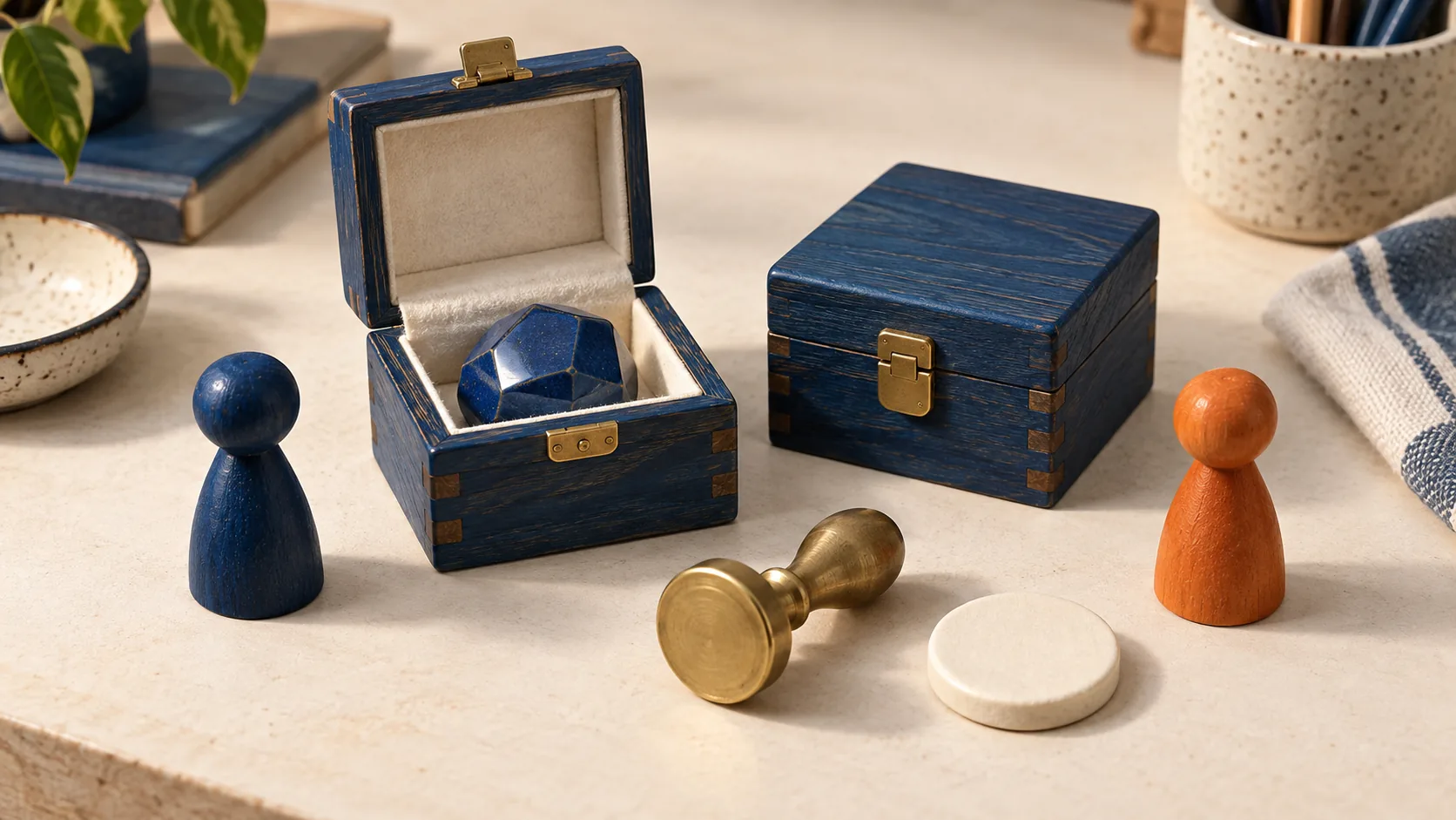 An open box reveals a blue gem while a second box stays closed beside a buyer, seller, and brass seal.