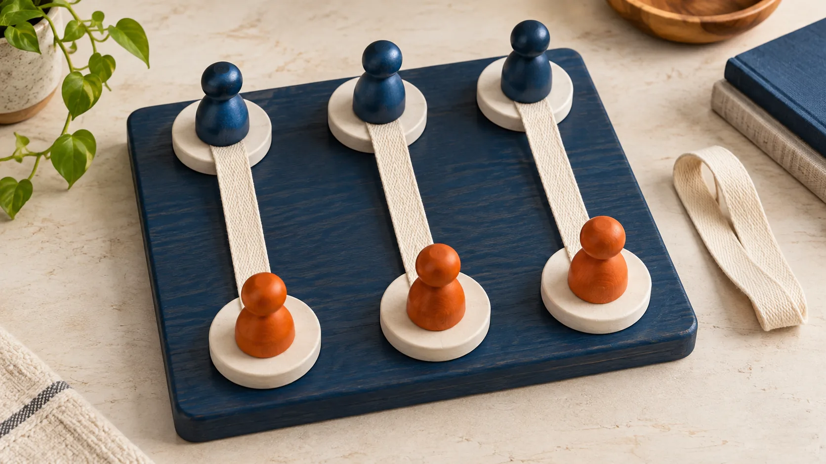 Three blue playing pieces are paired with three orange pieces by cream ribbons on a wooden board.