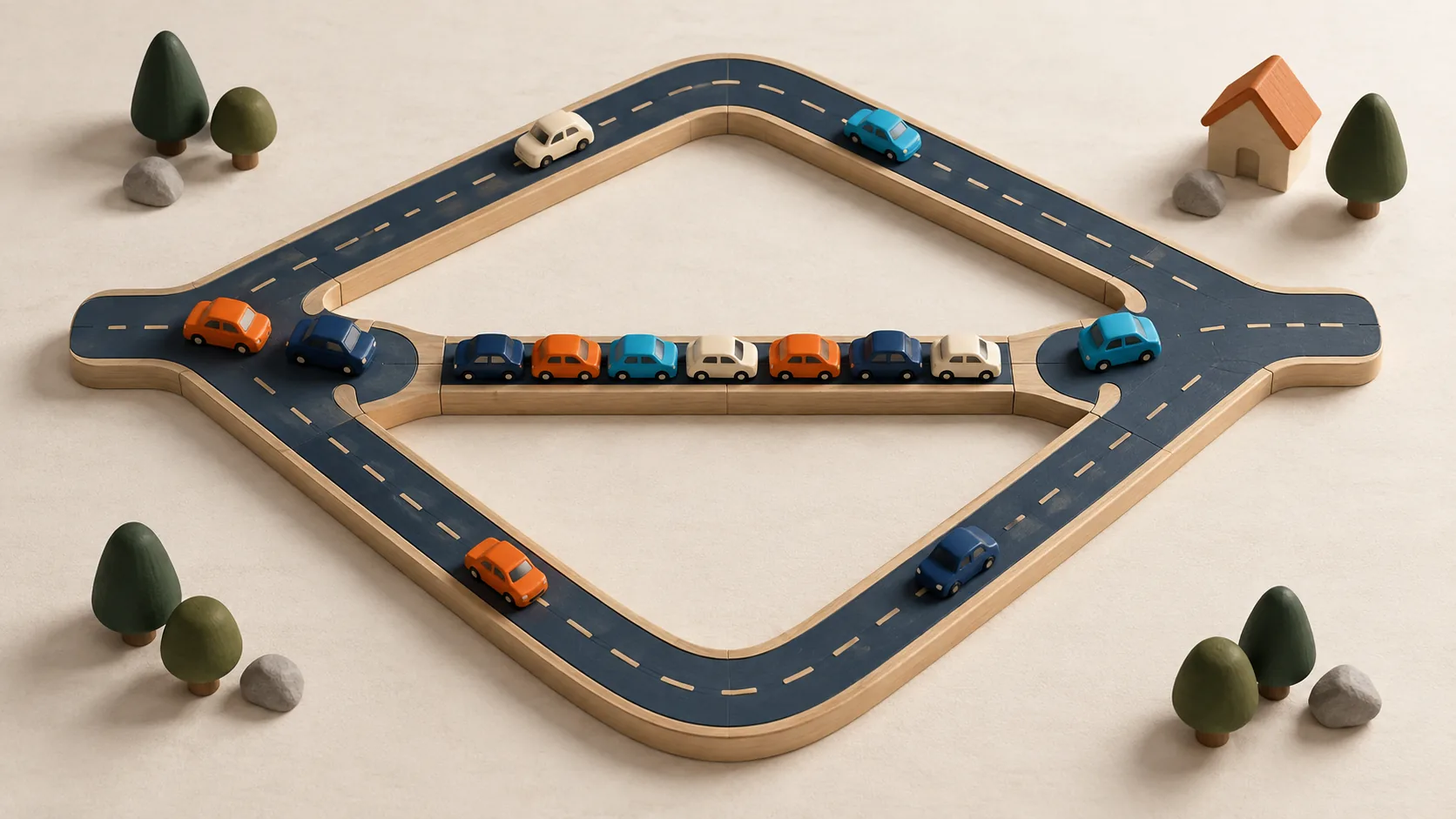 Miniature cars crowd a central shortcut while the longer outer roads have fewer cars.