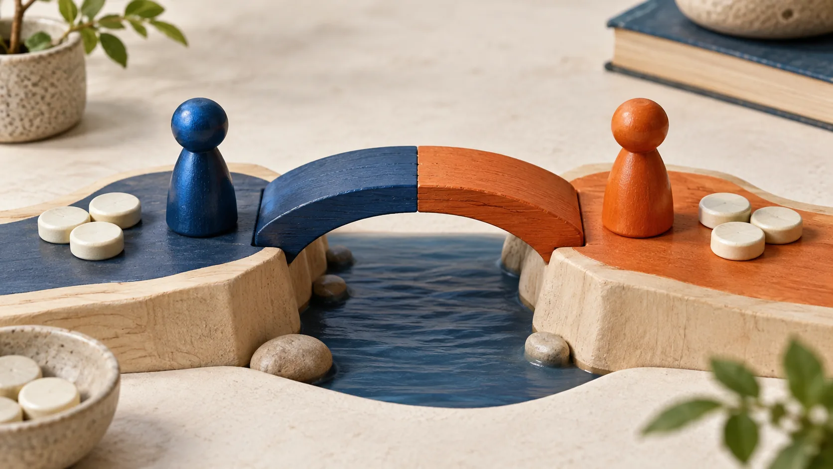 Blue and orange playing pieces stand beside two matching halves of a shared bridge.