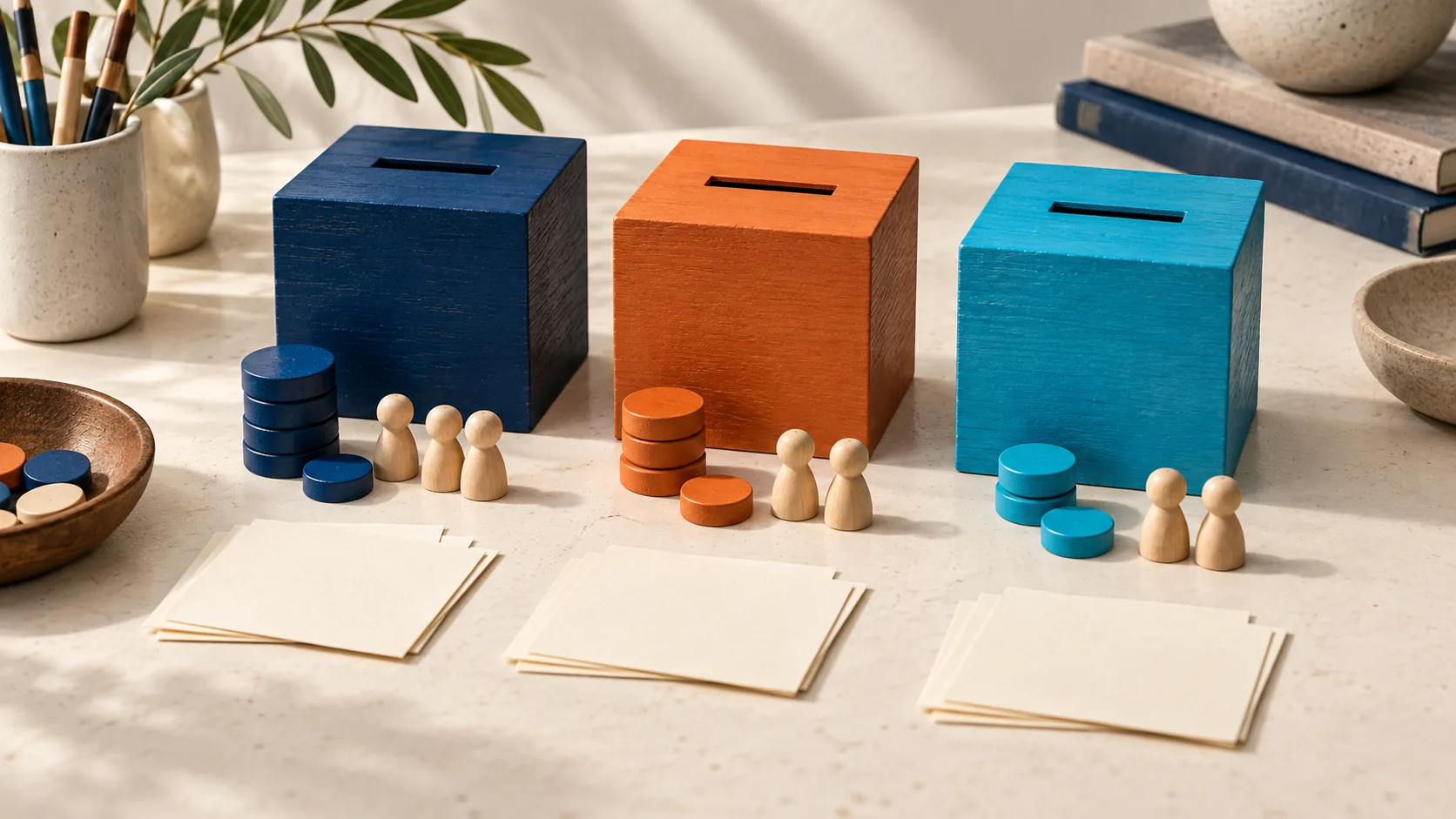 Blue, orange, and cyan ballot boxes stand behind blank voting cards, playing pieces, and stacks of counters.