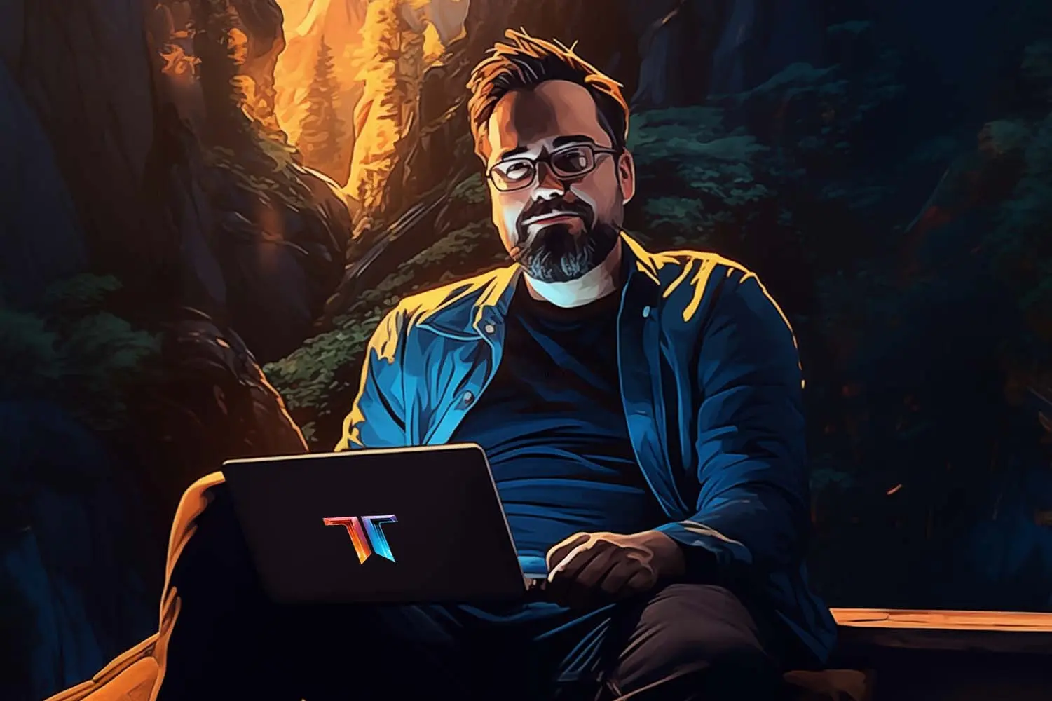 Ted sitting at a computer in Nature
