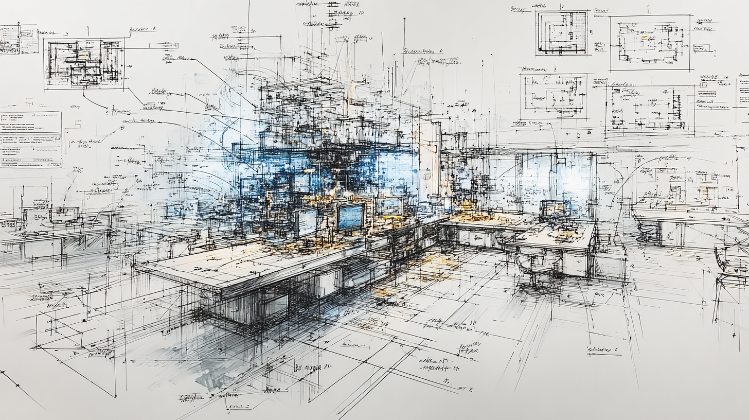 Abstract architectural sketch of an enterprise workspace with layered blueprints, technical annotations, and interconnected systems representing a structured product requirements document.