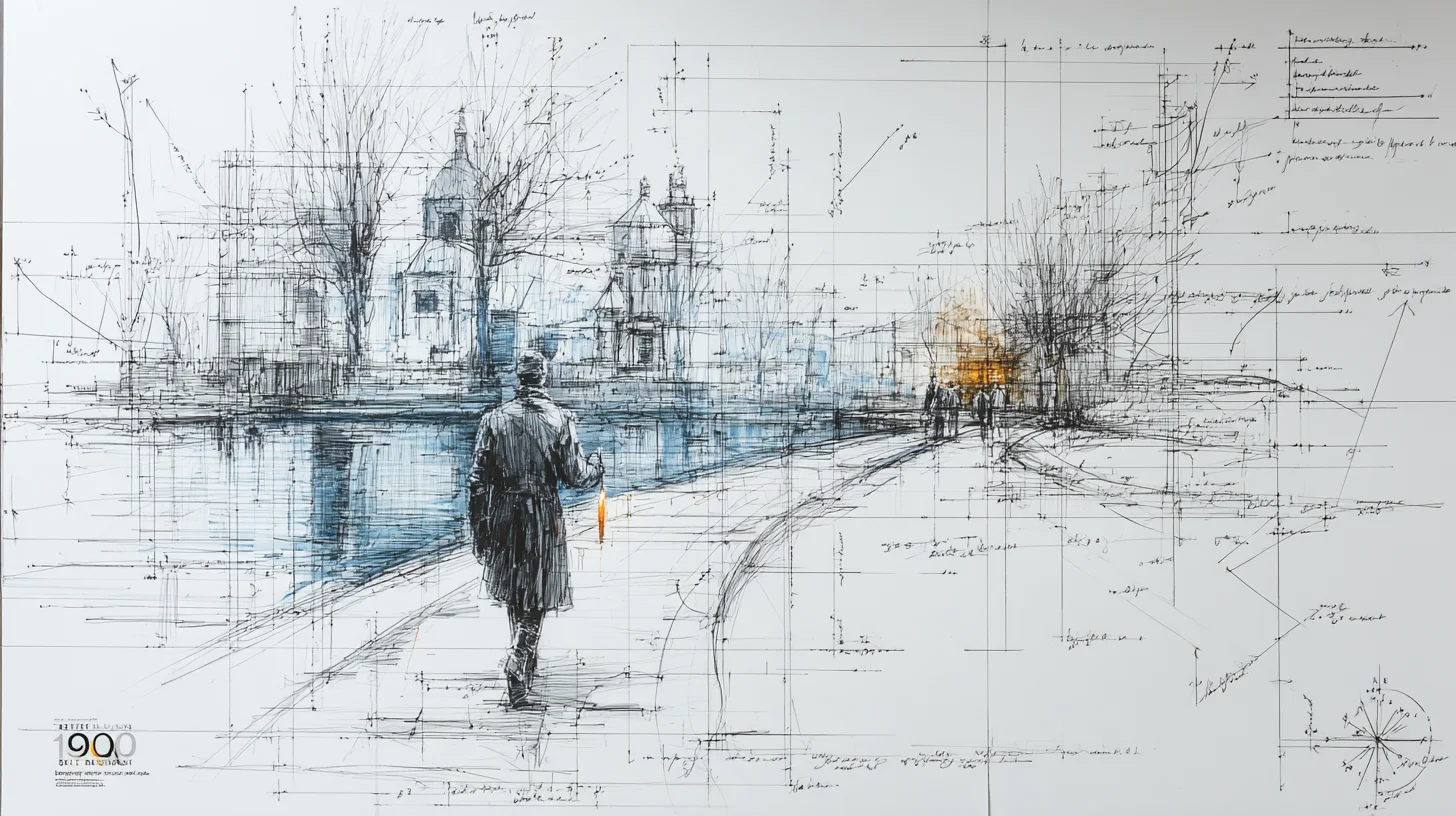 A solitary figure walks along a river path toward distant buildings, rendered in fine architectural linework with handwritten notes and grid marks, as if the scene were both a memory and a blueprint. by Ted Tschopp