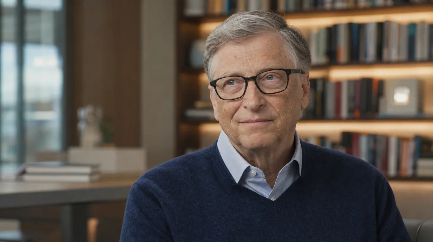 AI-generated photorealistic editorial portrait of Bill Gates.