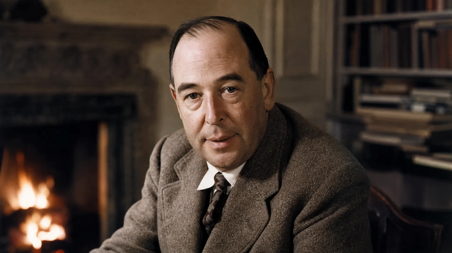 AI-generated photorealistic editorial portrait of C. S. Lewis.