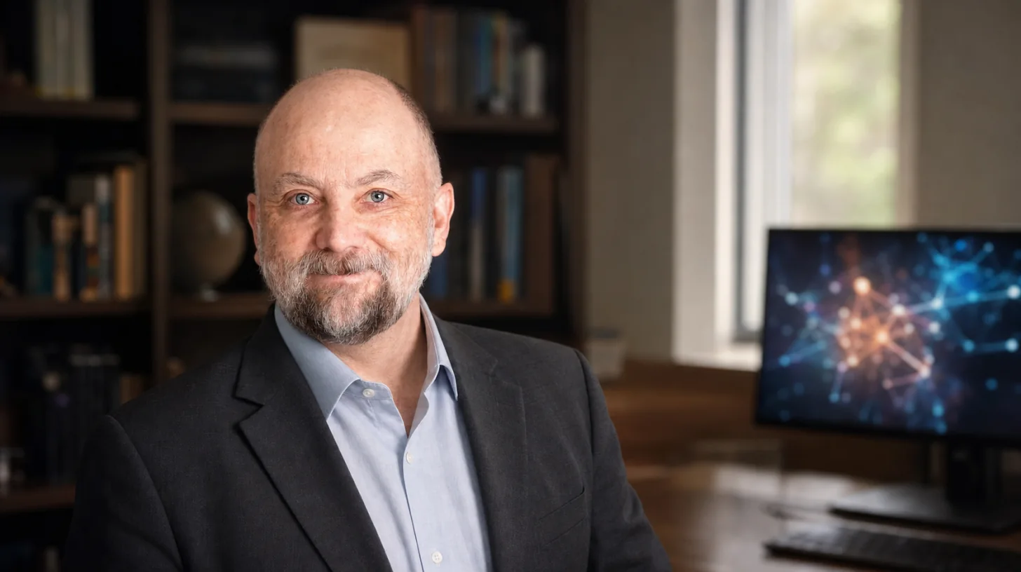AI-generated photorealistic editorial portrait of Edward Castronova.