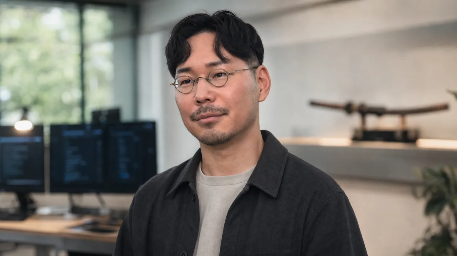AI-generated photorealistic editorial portrait of Jinsoo An.