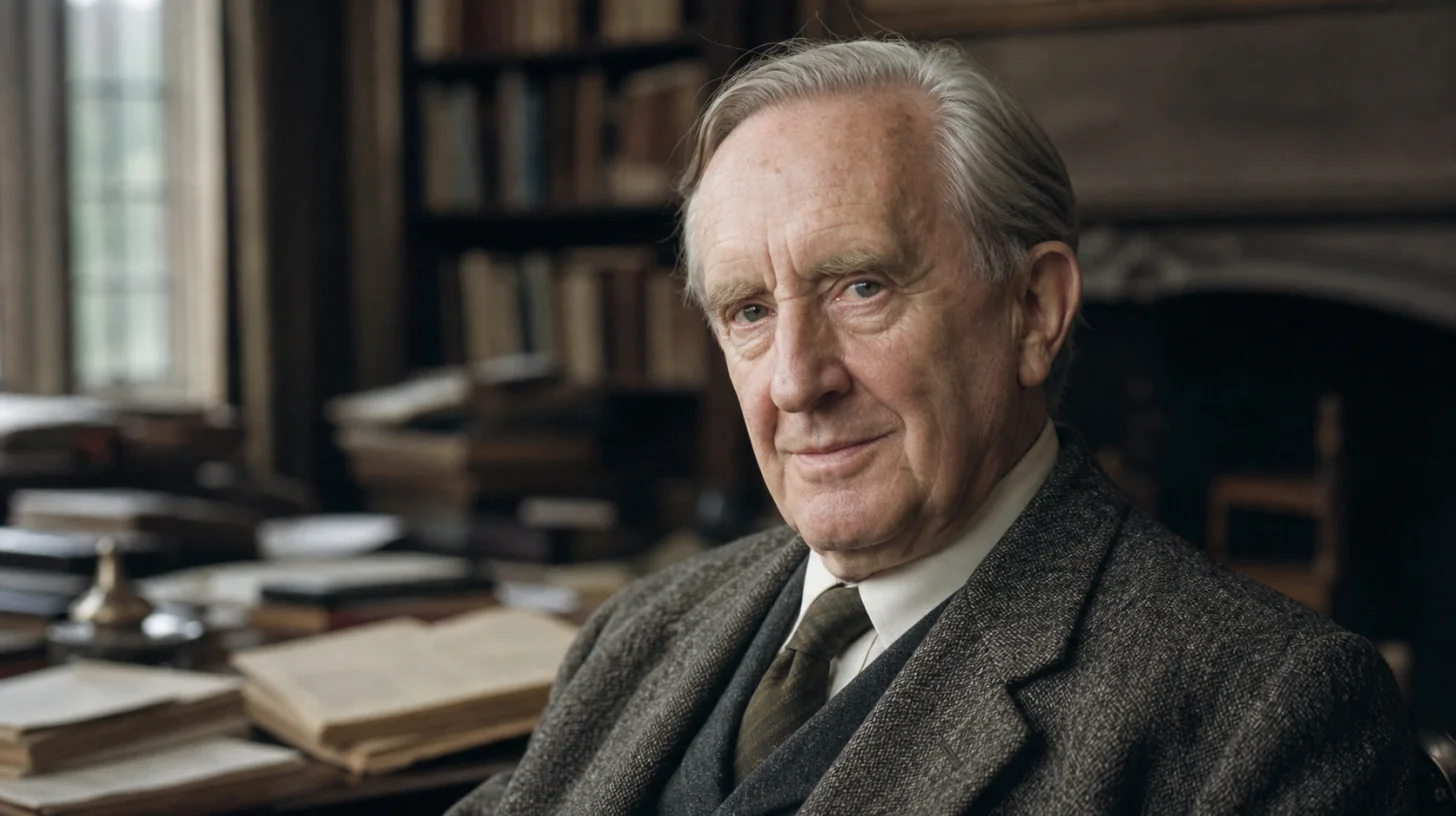 AI-generated photorealistic editorial portrait of J. R. R. Tolkien.