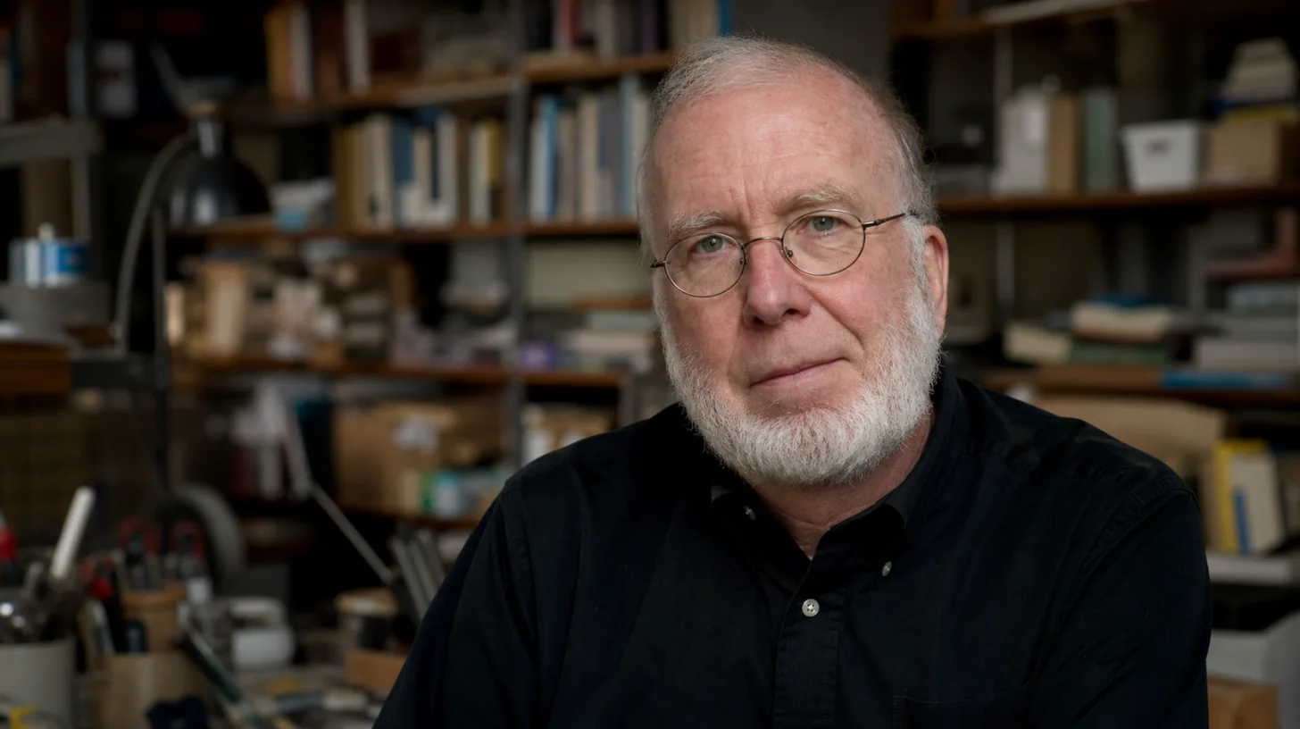 AI-generated photorealistic editorial portrait of Kevin Kelly.