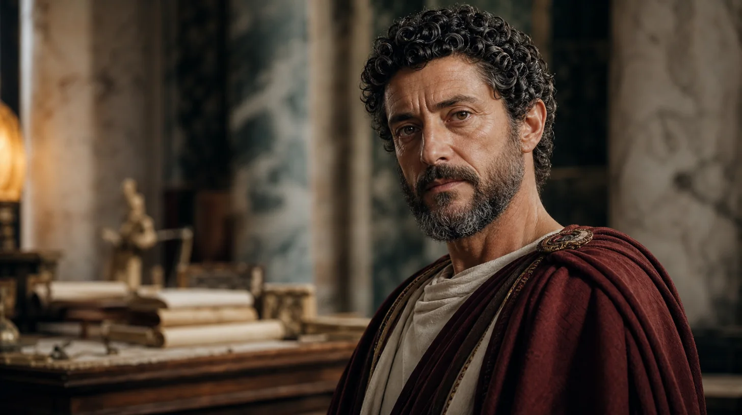 AI-generated photorealistic editorial portrait of Marcus Aurelius.