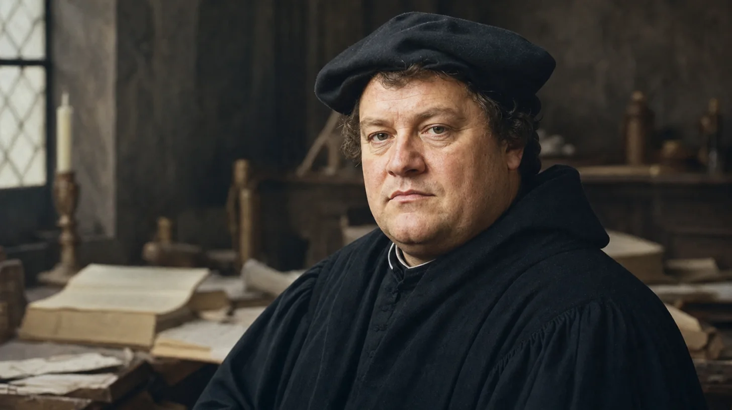 AI-generated photorealistic editorial portrait of Martin Luther.
