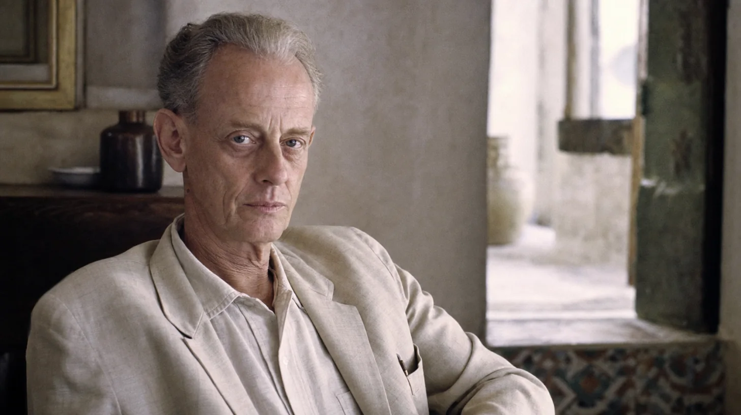 AI-generated photorealistic editorial portrait of Paul Bowles.