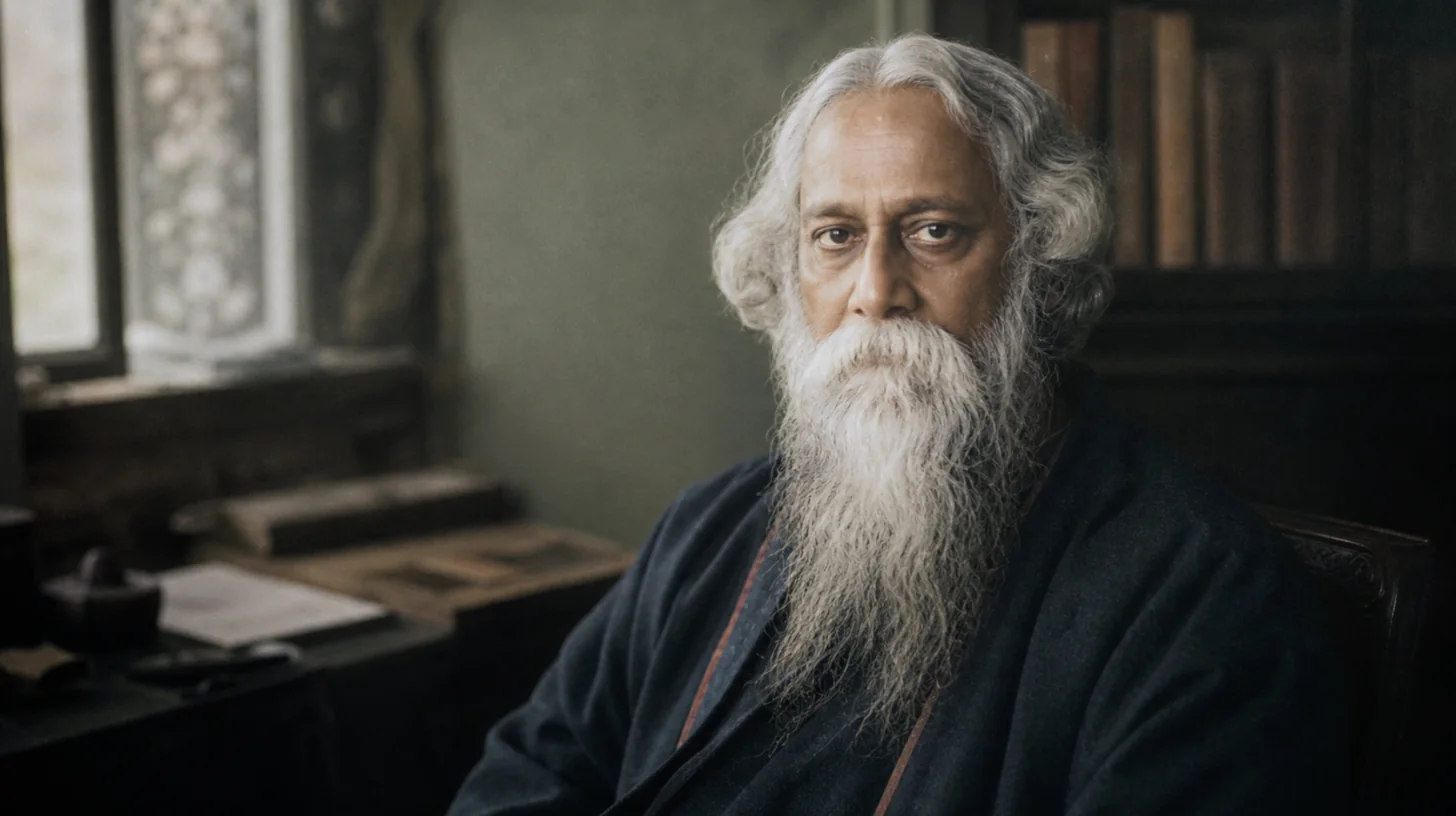 AI-generated photorealistic editorial portrait of Rabindranath Tagore.