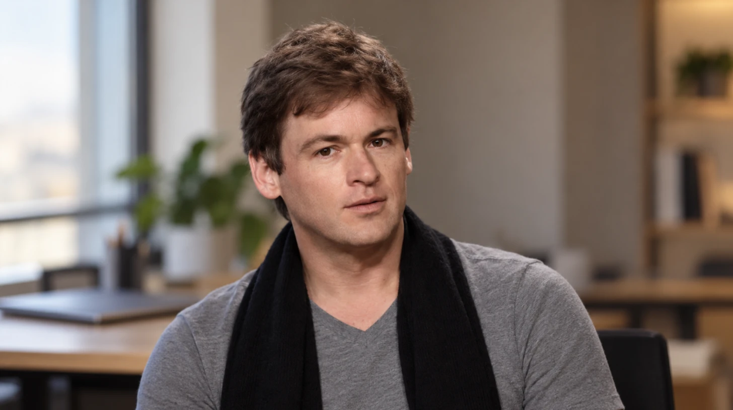 AI-generated editorial portrait of Sean Grove in a gray shirt and dark scarf in a software engineer's workroom.