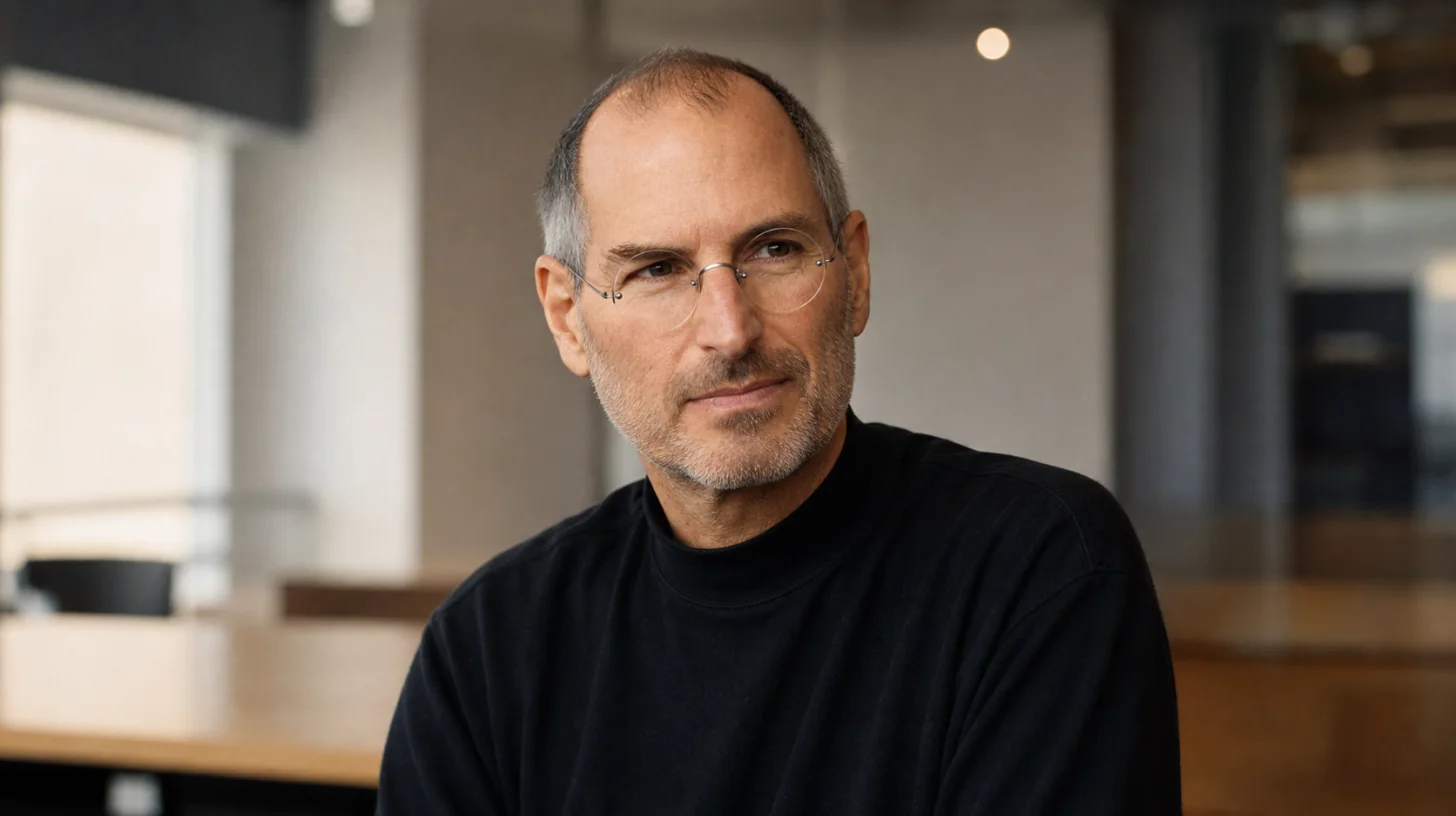 AI-generated photorealistic editorial portrait of Steve Jobs.