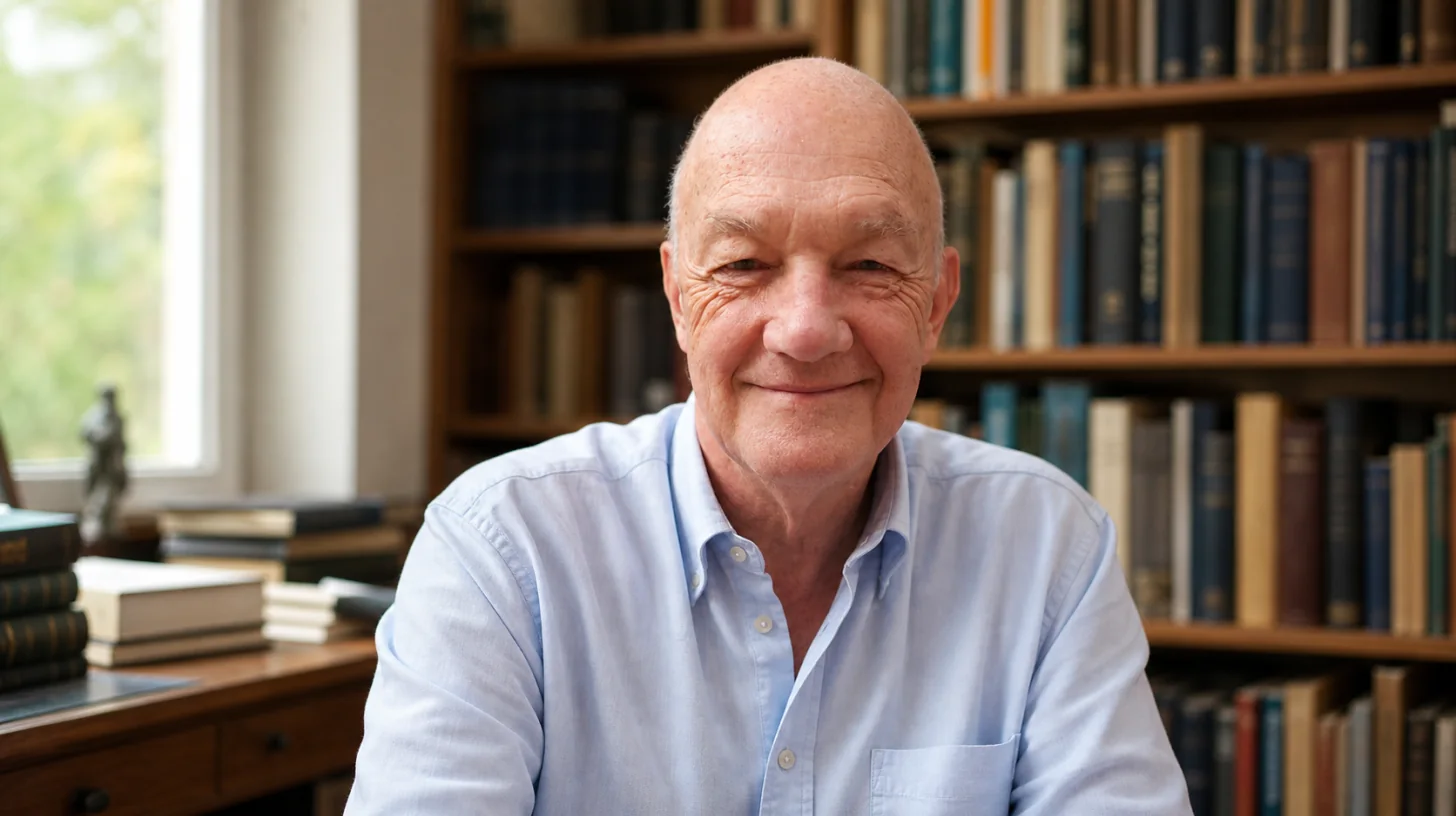 AI-generated photorealistic editorial portrait of Tom Shippey.