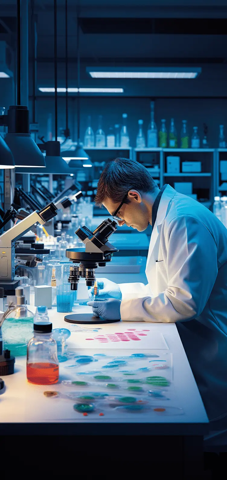 A person in a lab coat intently examining samples under a microscope in a well-equipped laboratory. They are surrounded by various scientific apparatus and colorful petri dishes containing different specimens. The setting is well-lit, with shelves stocked with neatly arranged bottles and containers, reflecting an organized and professional research environment. The focus on the person working and the detailed scientific equipment conveys a sense of precision and dedication to scientific inquiry.