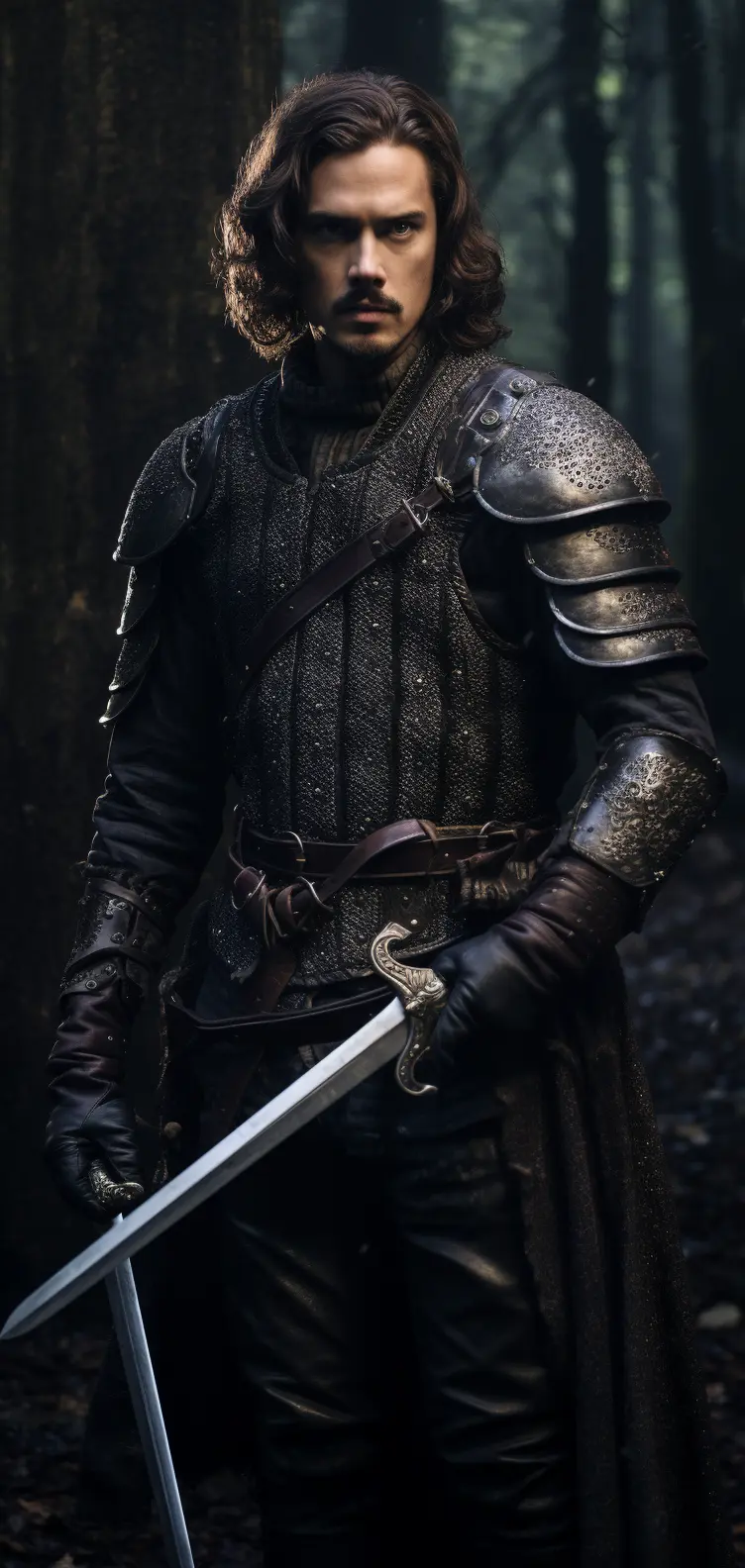 A knight in detailed medieval armor holding a sword, poised in a shadowy forest with beams of light piercing through the foliage.