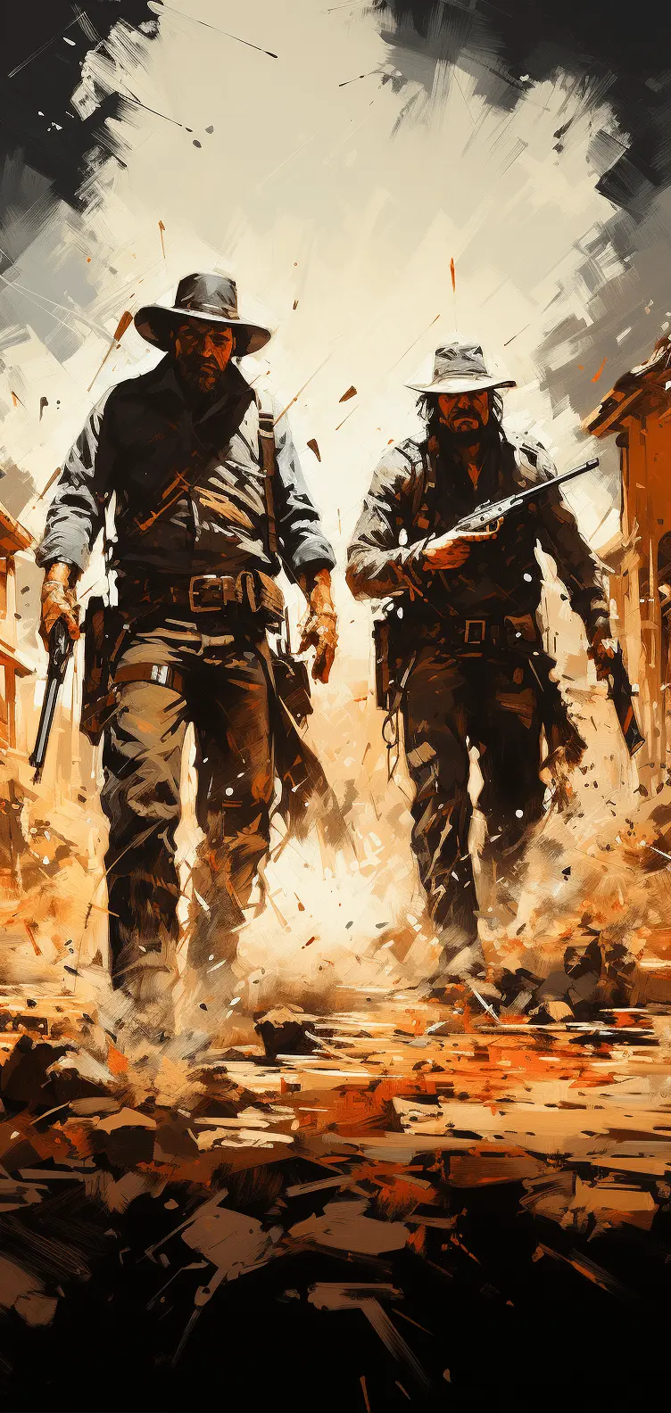 A dramatic depiction of two individuals engaged in ranged combat amidst debris and destruction, highlighting the intensity of battle.