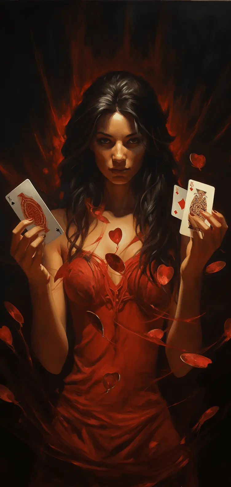 A woman in a red dress holding three playing cards, specifically the King of Spades, Queen of Hearts and the Ace of Diamonds. The background is abstract and fiery, with floating red petals adding to the dramatic effect. The person's face is obscured, indicating that their identity is not the focus of the artwork. The overall atmosphere is intense and mysterious.