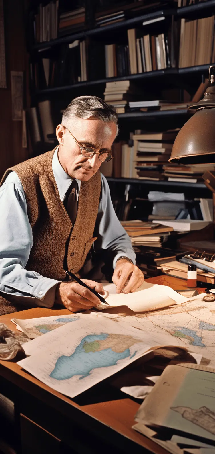 A person seated at a desk, deeply engrossed in their work, surrounded by maps and documents. They are dressed in a light blue shirt and brown vest, with their face obscured for privacy. The desk is illuminated by a vintage-style lamp, casting a warm glow over the scene. In the background, bookshelves brimming with books suggest a studious atmosphere, indicative of an office or study room. The overall ambiance is one of calm and focused research or study.
