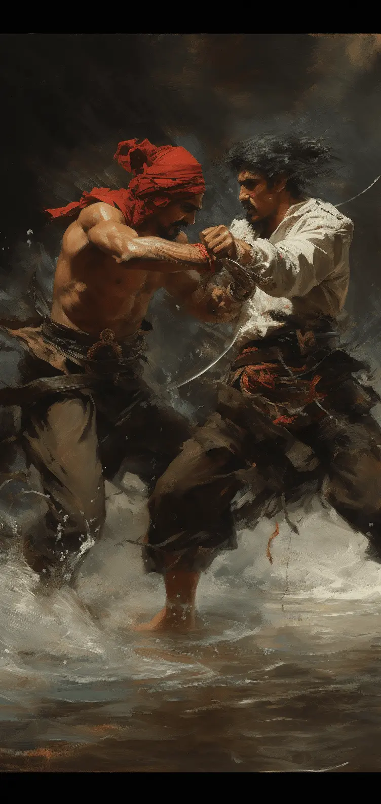 A dramatic painting that captures a tense moment of a fight between two individuals. One is adorned with a red headpiece, showcasing a muscular build and shirtless torso, while the other's face is obscured, dressed in torn white clothing. They are locked in combat, standing in shallow water that reflects their movements. The stormy, tumultuous background adds to the chaos and intensity of the duel, emphasizing the struggle and passion of the scene. The overall effect is one of drama and emotion, with a focus on the action and the environment rather than the individuals' identities.