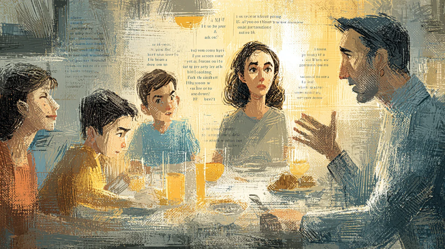 Family members around a dinner table interpret the same tense conversation in conflicting ways.